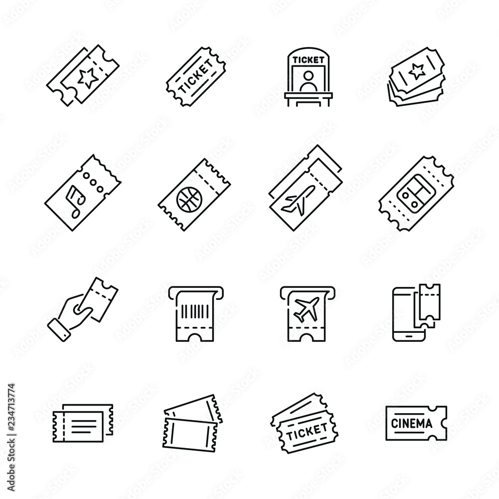 Tickets related icons: thin vector icon set, black and white kit - obrazy, fototapety, plakaty 
