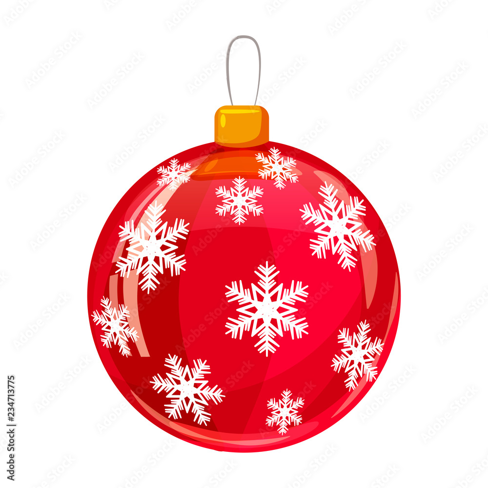 Colour decorated christmas red ball isolated on white background. Vector illustration. Cartoon style