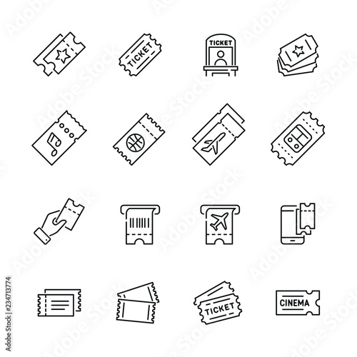 Tickets related icons: thin vector icon set, black and white kit photo