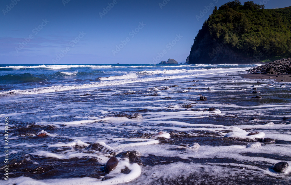 Naklejka premium Black Sand Pebble Beach in Pololu Valley, Hawaii