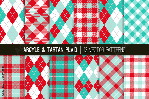 Aqua Blue and Red Argyle and Tartan Plaid Vector Patterns. Christmas Backgrounds. Xmas Fabric Prints. Preppy Fashion Textile Textures. Pattern Tile Swatches Included.
