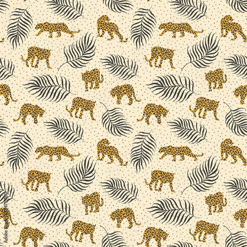 Cute leopard silhouettes pattern on textured background with leafs & spots. Endless vector repeat. Simple clean style.