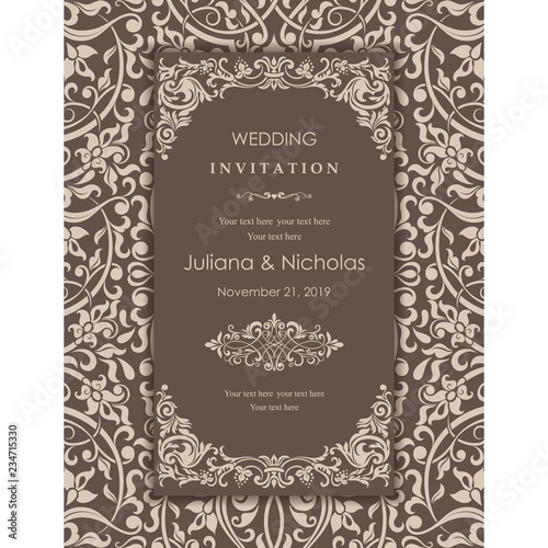Wedding invitation cards baroque style brown and beige. Vintage Pattern. Retro Victorian ornament. Frame with flowers elements. Vector illustration.
