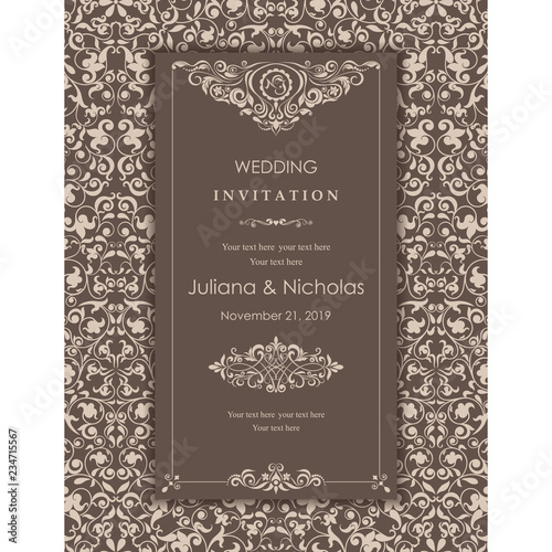 Wedding invitation cards  baroque style brown and beige. Vintage  Pattern. Retro Victorian ornament. Frame with flowers elements. Vector illustration.