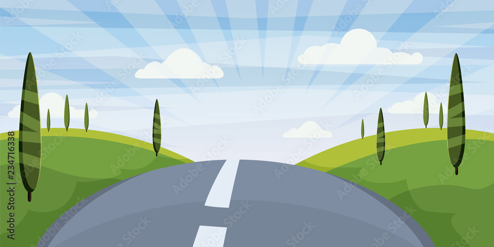 Cartoon landscape with road, higway and summer, sea, sun, trees. Trip, vacation, travel. Vector illustration, isolated, cartoon style
