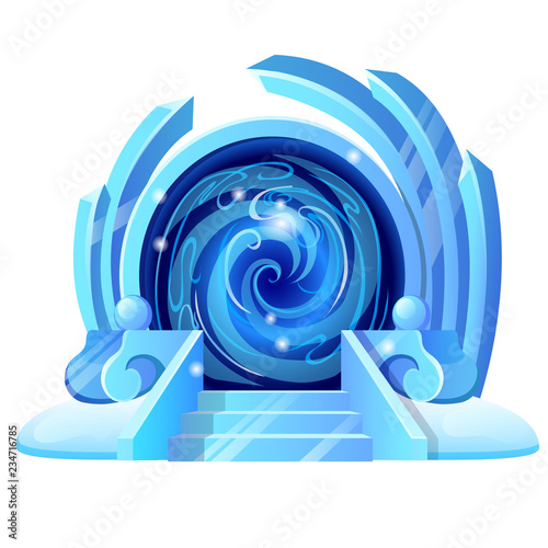 Opened portal with icy porch and sparkling ice frame isolated on white background. Sample of poster, party invitation, greeting card. Vector cartoon close-up illustration.
