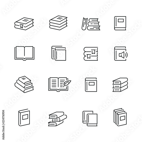 Books related icons: thin vector icon set, black and white kit