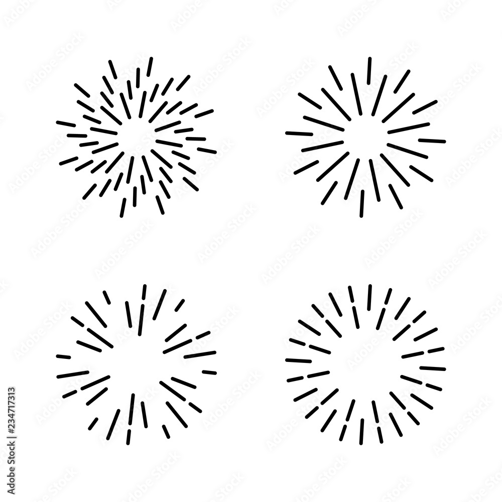 Set of light rays, sunburst and rays of sun. Design elements, linear drawing, vintage hipster style. Light rays sunburst, arrow, ribbon Vector Illustration. Set of light rays, sunburst and rays of sun. Design elements, linear drawing, vintage hipster style. Light rays sunburst, arrow, ribbon Vector Illustration.