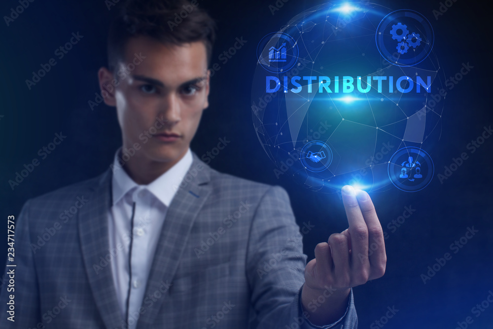 The concept of business, technology, the Internet and the network. A young entrepreneur working on a virtual screen of the future and sees the inscription: Distribution The concept of business, technology, the Internet and the network. A young entrepreneur working on a virtual screen of the future and sees the inscription: Distribution