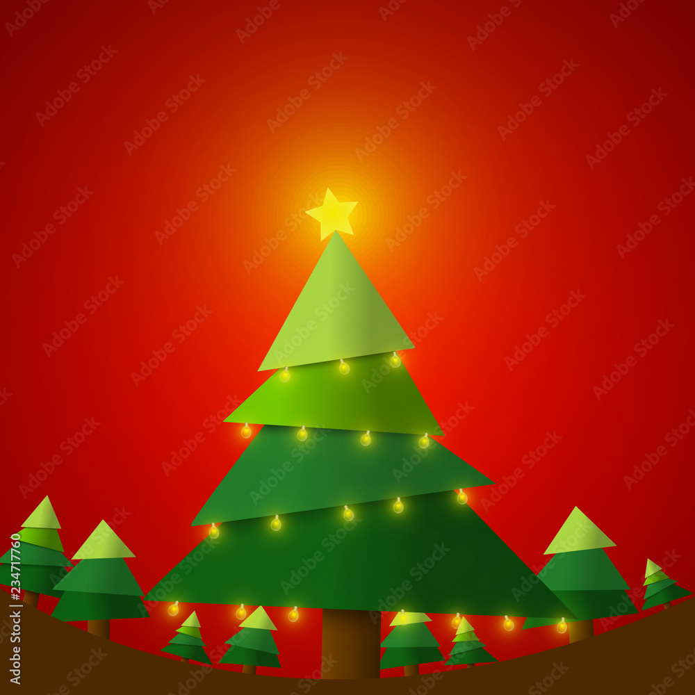 Fototapeta premium Vector : Christmas tree with pennant flags on red background