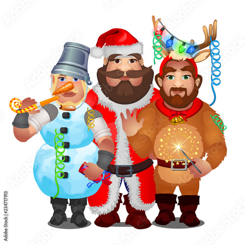 Three men in funny carnival Christmas costumes isolated on white background. Vector cartoon close-up illustration.