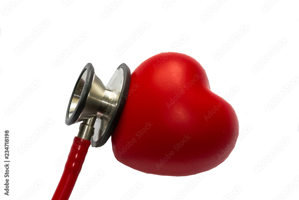Diagnosis and treatment in cardiology. Medicine concept - Close up red stethoscope and heart isolated on white background. Copy space for text. Diagnosis and treatment in cardiology. Medicine concept - Close up red stethoscope and heart isolated on white background. Copy space for text.