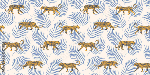 Walking leopards & hand drawn leaves, endless vector repeat pattern. Simple clean style with textured silhouettes.