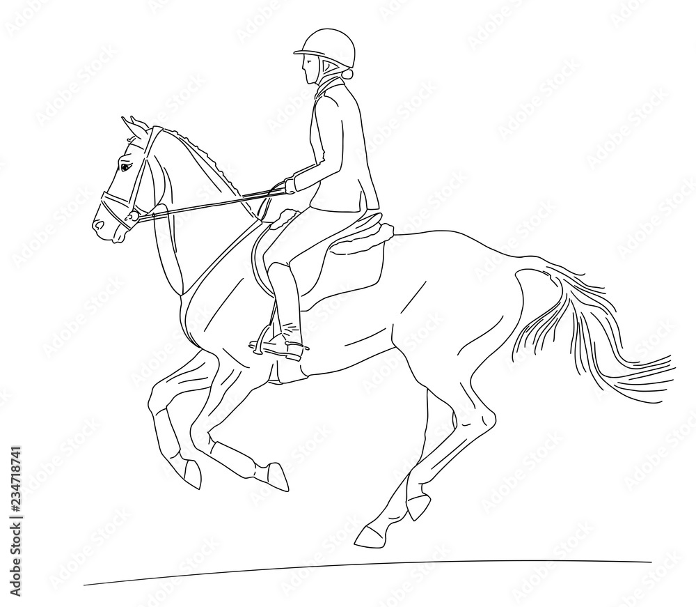 Obraz premium Equestrian sport. A rider cantering on a horse. Black and white outline.