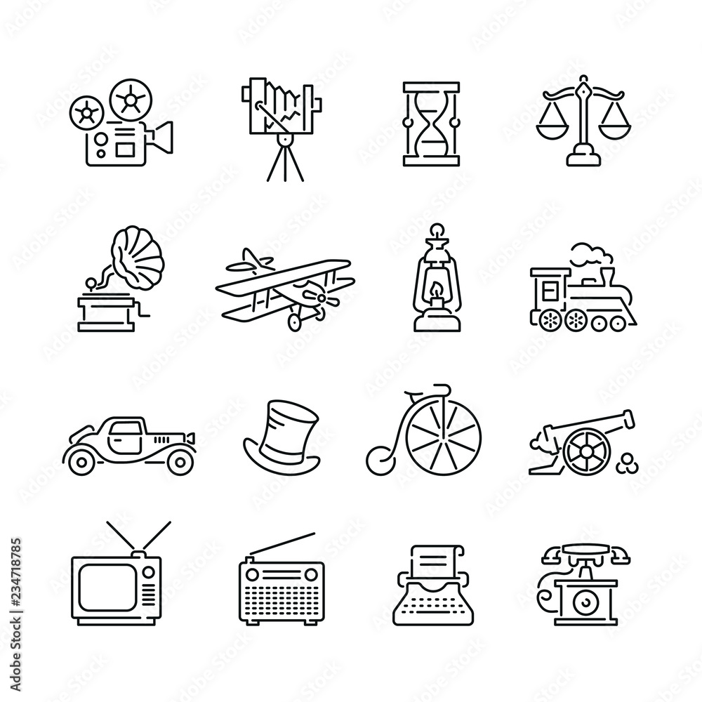 Naklejka premium Retro related icons: thin vector icon set, black and white kit