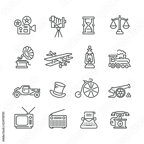 Retro related icons: thin vector icon set, black and white kit
