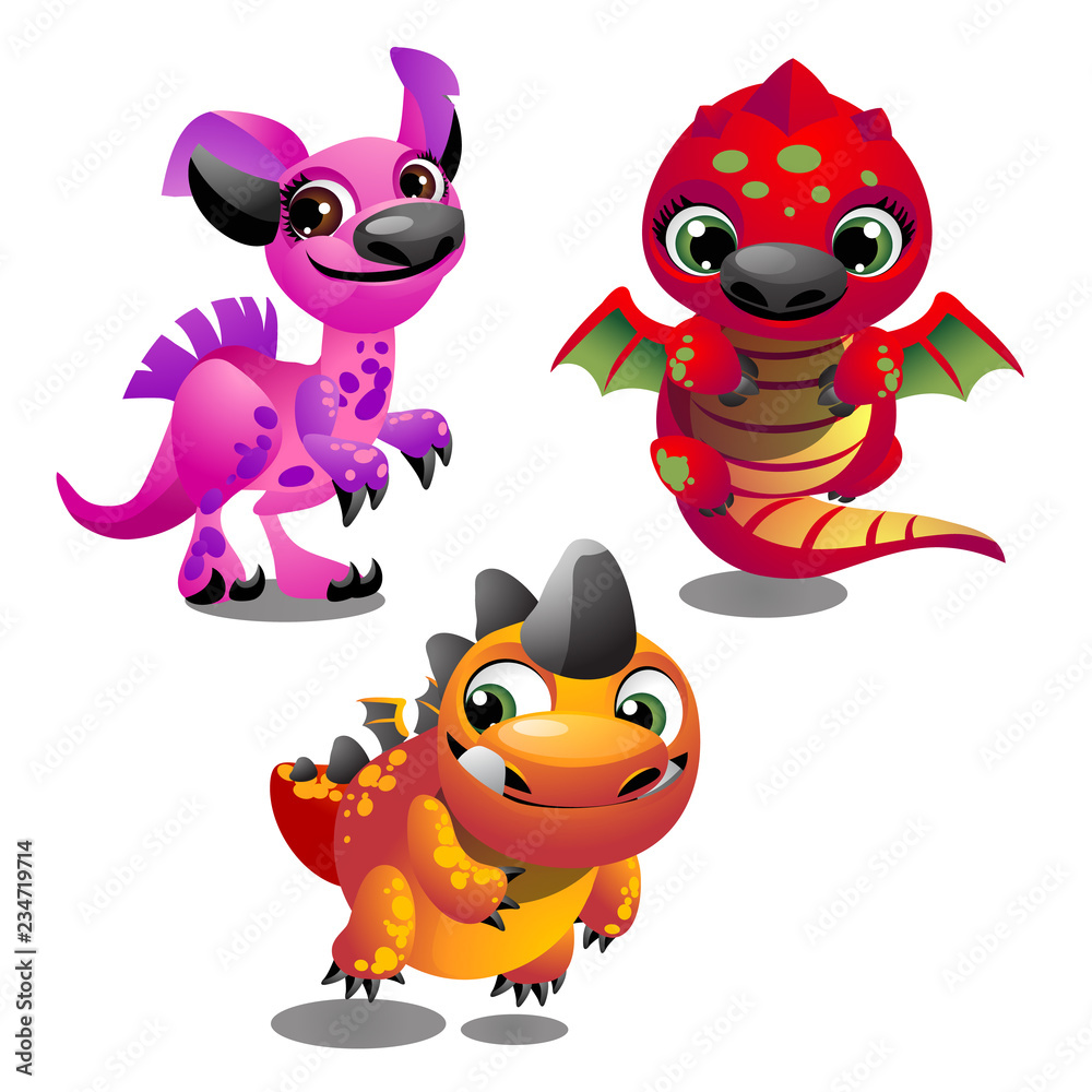 Set of funny colorful fantasy pets with big trusting eyes isolated on white background. Elements to create images, cards and other graphics in style for children. Vector cartoon close-up illustration. Set of funny colorful fantasy pets with big trusting eyes isolated on white background. Elements to create images, cards and other graphics in style for children. Vector cartoon close-up illustration.