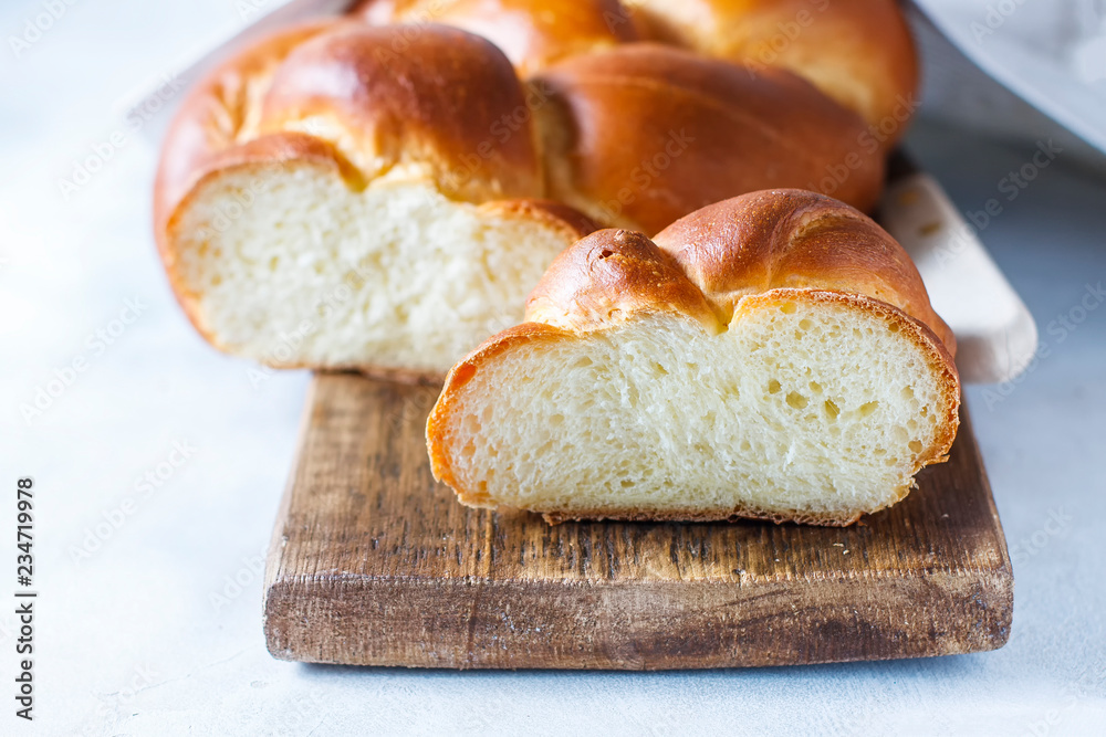 Homemade challah bread, selective focus.