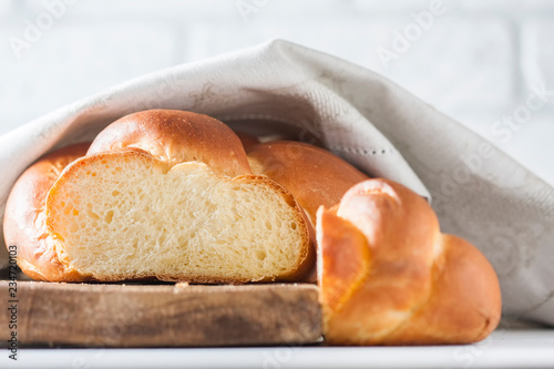 Homemade challah bread, selective focus.