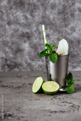 Cocktail Mint julep with ice isolated on white background photo