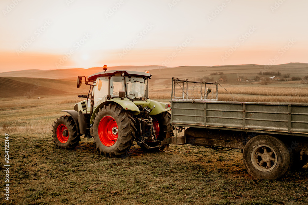 Fototapeta premium industrial machinery. Harvesting details with tractor and trailer transporting harvest at sunset