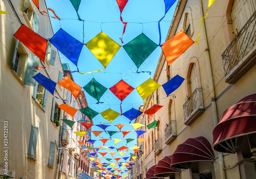 Fototapeta Naklejka Na Ścianę i Meble -  Kites as street decoration in Céret, Roussillon France