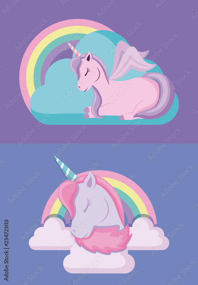 set of cute unicorns fairy tale