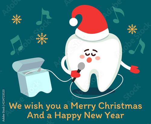Singing cartoon tooth in Santa hat with dental floss. Merry Christmas! Greeting card from dentistry, poster with wishes.