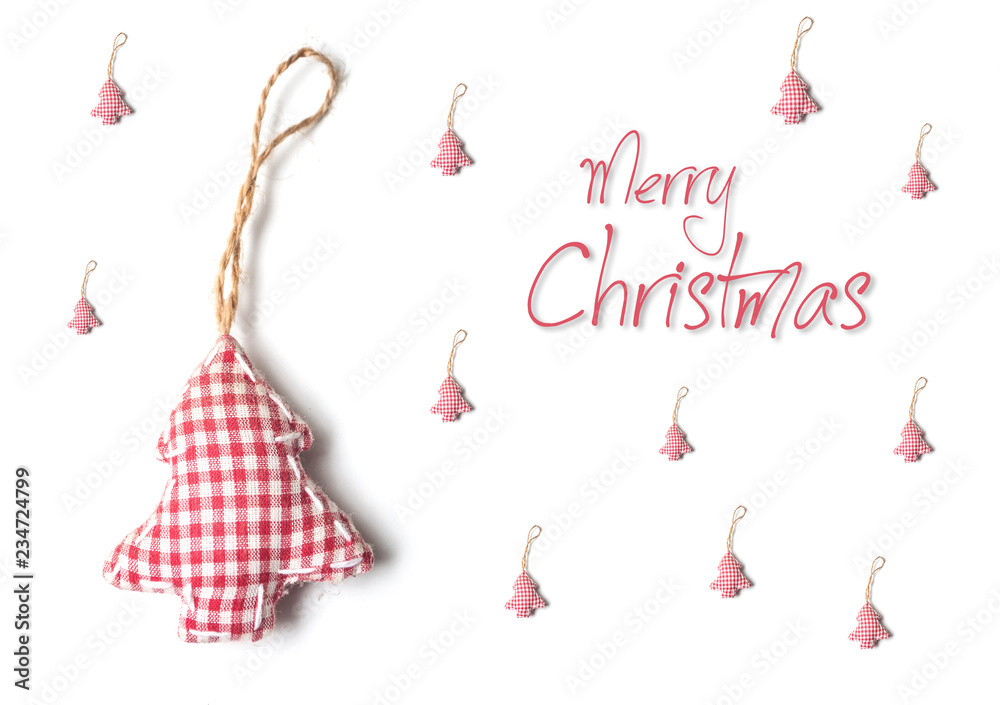 greeting card of christmas with fabric christmas tree on white background