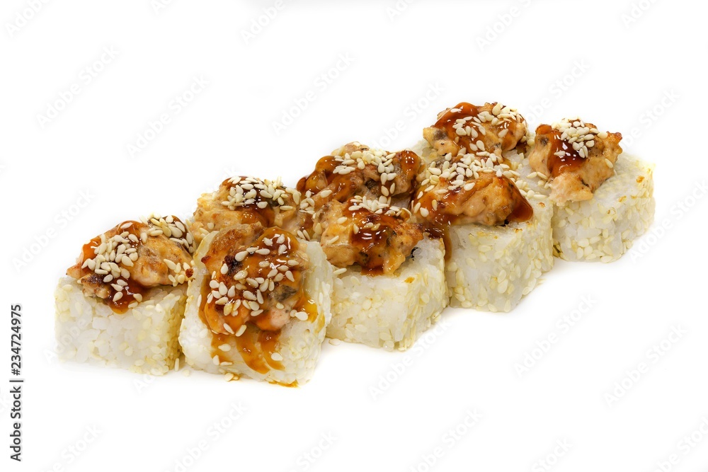 Japanese rolls, sushi on a white background
