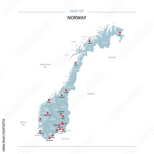 Norway vector map. Editable template with regions, cities, red pins and blue surface on white background. 