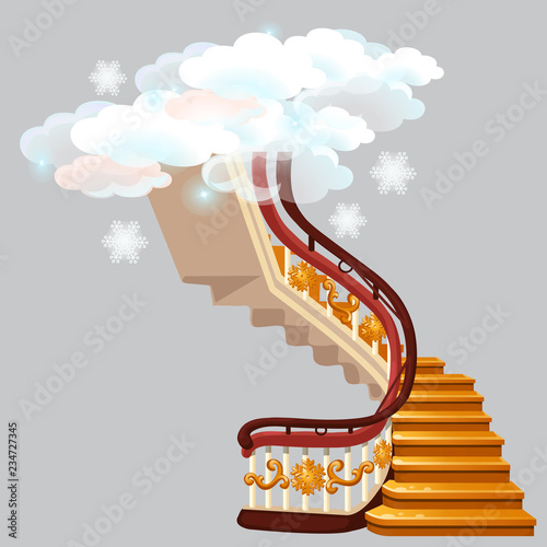 The golden stairs leading into the snow clouds with snowflakes isolated on gray background. Sketch for greeting card, festive poster or party invitations. Vector cartoon close-up illustration.