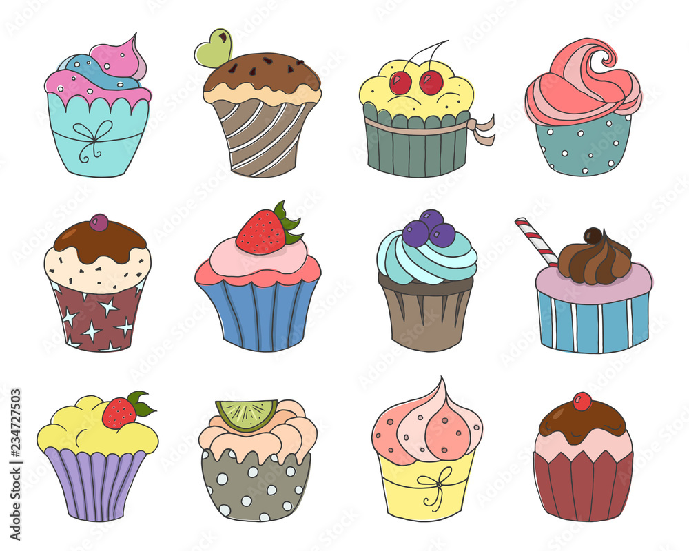 Set of hand drawn cupcakes on white background. Set of hand drawn cupcakes on white background.