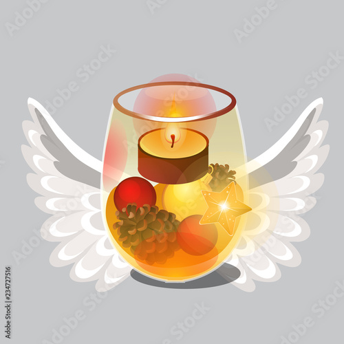Christmas sketch with burning tea or floating candle in transparent glass with festive natural decorations, angel wings, glowing star isolated on grey background. Vector cartoon close-up illustration.