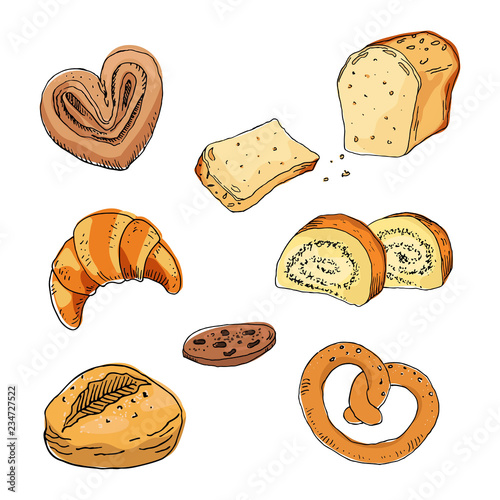  Sketch bakery products on white background.