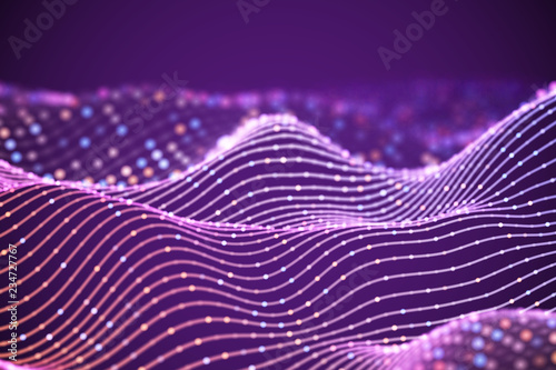 3D Sound waves with colored dots. Big data abstract visualization. Digital concept: virtual landscape. Futuristic background. Pink sound waves, visual audio waves equalizer, EPS 10 vector illustration