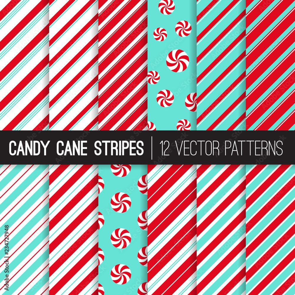 Candy Cane Stripes and Peppermints Vector Patterns in Red, Aqua Blue and White. Popular Christmas Background. Variable Thickness Diagonal Lines. Repeating Pattern Tile Swatches Included
Candy Cane Stripes and Peppermints Vector Patterns in Red, Aqua Blue and White. Popular Christmas Background. Variable Thickness Diagonal Lines. Repeating Pattern Tile Swatches Included