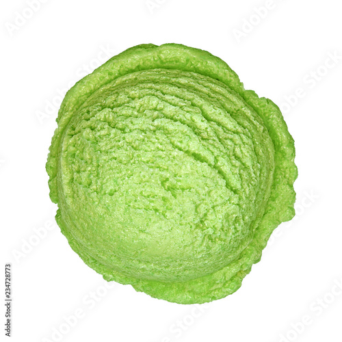 Pistachio ice cream scoop from top view isolated on white background.