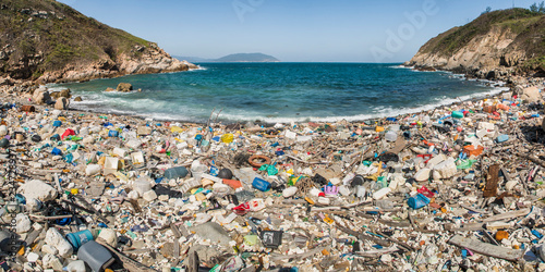 Beach covered in plastic rubbish, Lap Sap Wan, New Territories, Hong Kong, China photo