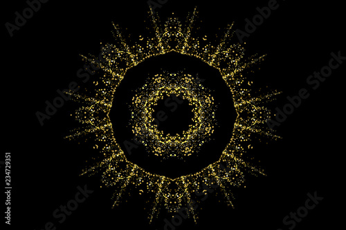 Gold glitter party confetti texture round banner frame with place for text on a black background. Circle golden explosion of confetti. Colorful grainy abstract dust. Christmas background design.