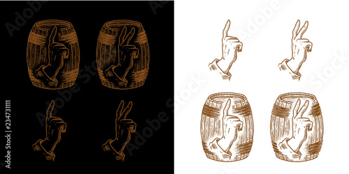 Painted hand and barrel brush. Wooden beer barrel - vector illustration, design on white background. autumn harvest of grapes. double whiskey. restaurant menu. two fingers. order by gesture in pub