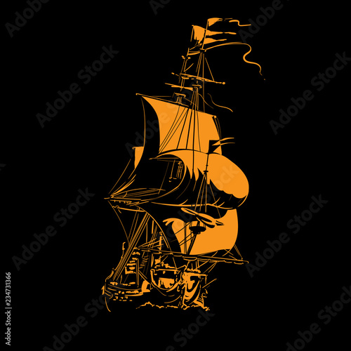 Sailing Ship vintage frigate on the waves. Silhouette in contrast light. Illustration.