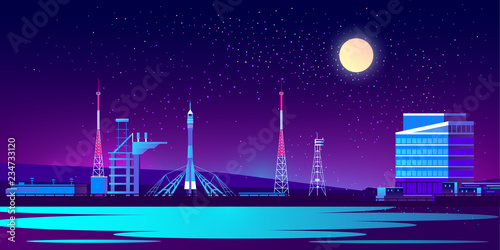 Vector spaceport at night with rocket, control room and radio tower. Science base in ultra violet colors on full moon background. Station for cosmos exploration with transport. Technology concept.