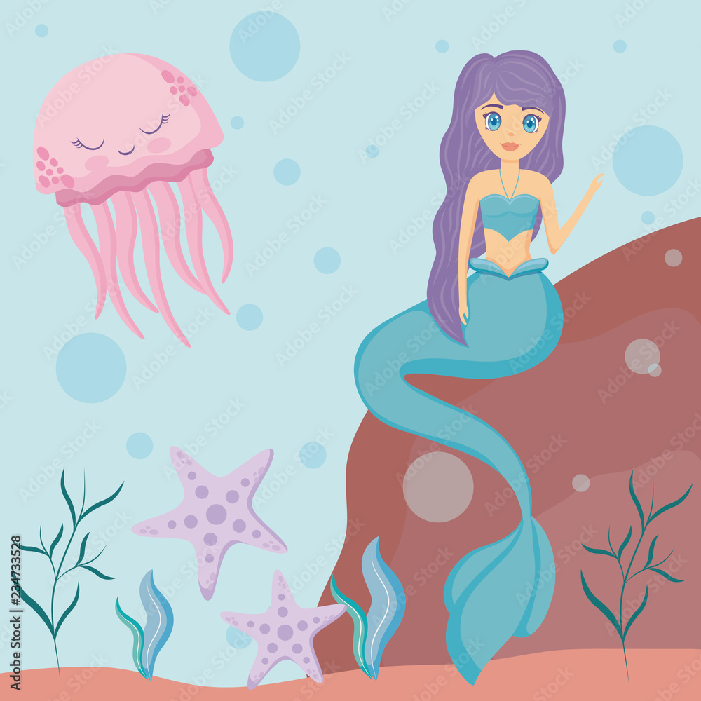 Plakat cute siren with octopus and starfish