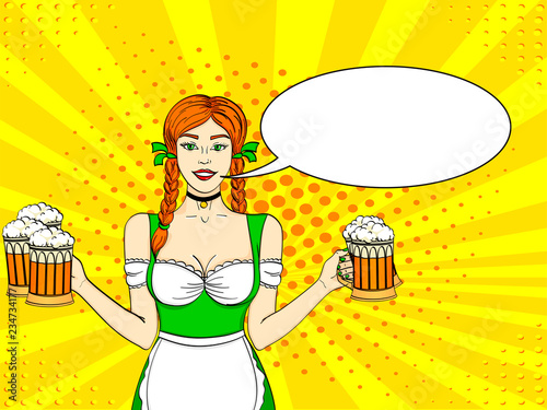 Pop art Germany Girl waitress carries five beer glasses. Concept oktoberfest. Comic book style imitation. Text bubble.