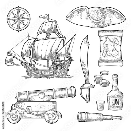 Set pirate adventure. Vector color vintage engraving