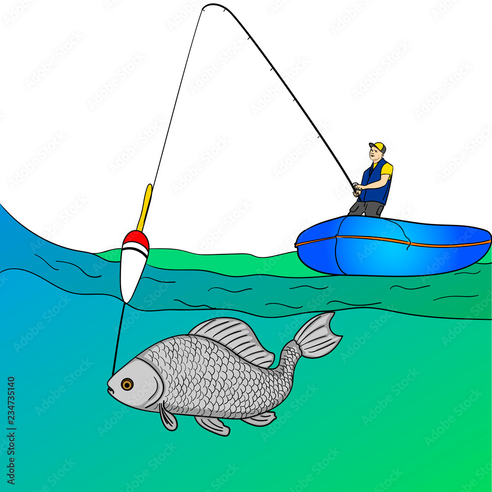 Man character fishing with rod on lake pulling Vector Image
