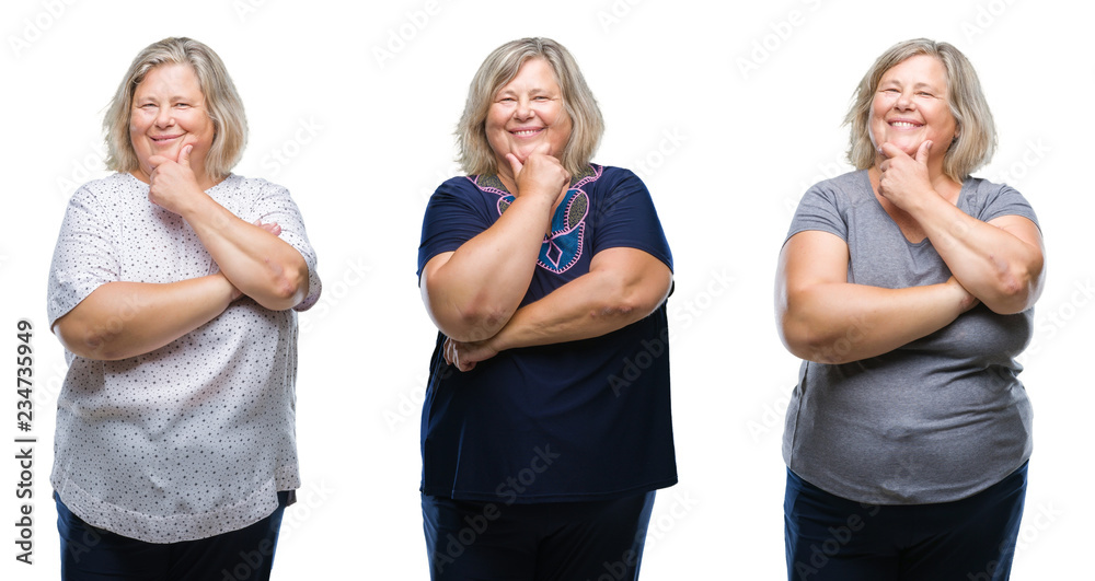 Collage of senior fat woman over isolated background looking confident at the camera with smile with crossed arms and hand raised on chin. Thinking positive. Collage of senior fat woman over isolated background looking confident at the camera with smile with crossed arms and hand raised on chin. Thinking positive.