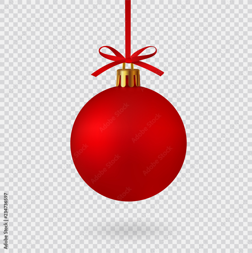 Realistic Red Christmas ball with ribbon and bow, isolated background - stock vector. - obrazy, fototapety, plakaty 