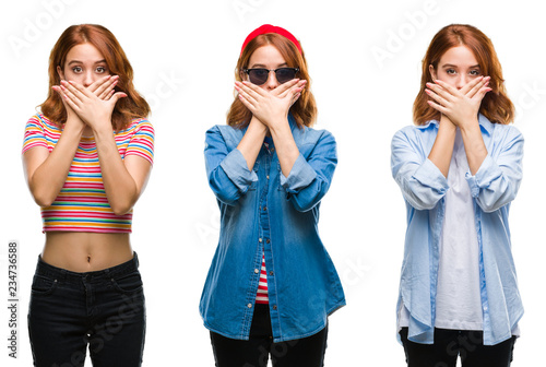 Collage of young beautiful redhead woman over isolated background shocked covering mouth with hands for mistake. Secret concept.